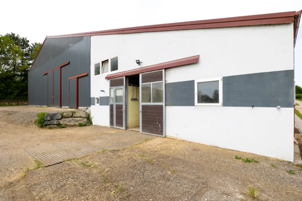 Außenansicht des Stallgebäudes mit weißer Fassade und roten Fensterrahmen
